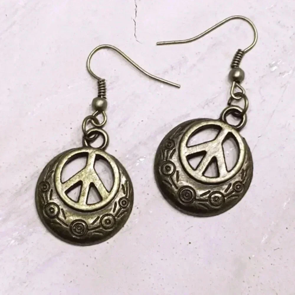 Artsy Peace Sign Bronze Antique Brass Stylized Dangle Earrings